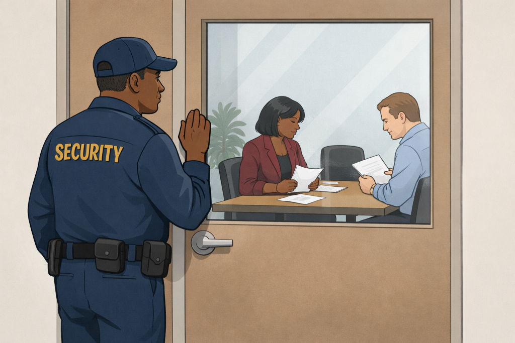 Guard-observes-office-conversation-through-window-1024x683